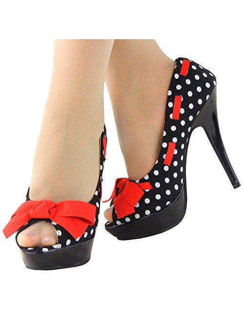 SHOW STORY Sexy Peep Toe Polka Dots Bow Platform Stiletto High Heel Pump,LF30421