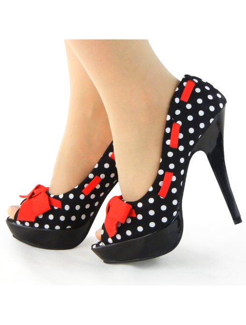 SHOW STORY Sexy Peep Toe Polka Dots Bow Platform Stiletto High Heel Pump,LF30421