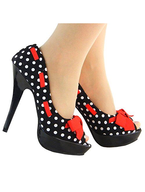 SHOW STORY Sexy Peep Toe Polka Dots Bow Platform Stiletto High Heel Pump,LF30421