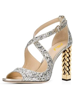 Women Chic Gold Metal Chain Block High Heels Pumps Cross Strap Closed Open Toe Shoes Size 4-15 US