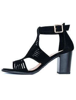 Guilty Shoes Women Gladiator Strappy Elastic Ankle Buckle Open Toe Mid Heel Sandals