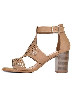 Guilty Shoes Women Gladiator Strappy Elastic Ankle Buckle Open Toe Mid Heel Sandals