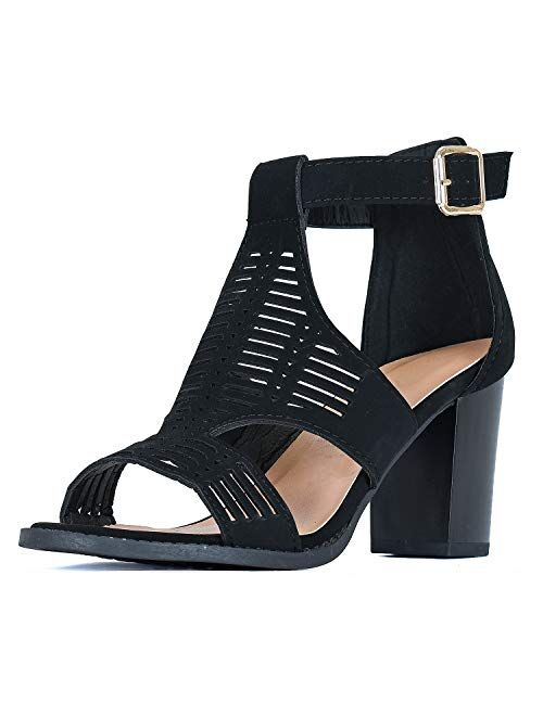 Guilty Shoes Women Gladiator Strappy Elastic Ankle Buckle Open Toe Mid Heel Sandals