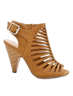 Womens Cut Out Strappy Buckle Sling Back Chunky High Heel Sandals