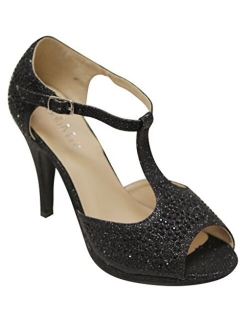 Bella Marie Shania-11 Women's peep Toe Rhinestone Glitter T- Strap Dance Sandals