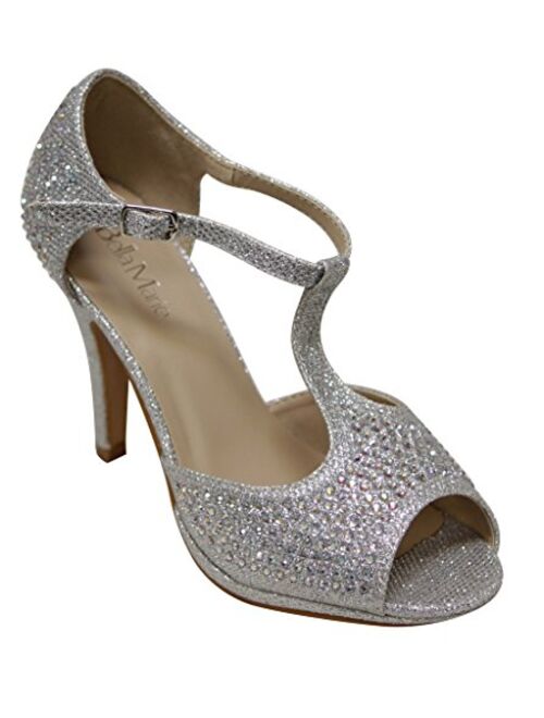 Bella Marie Shania-11 Women's peep Toe Rhinestone Glitter T- Strap Dance Sandals