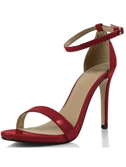 Delicious Jaiden Women Patent Leatherette Open Toe Ankle Strap Stiletto Sandal Pump - Dark Beige