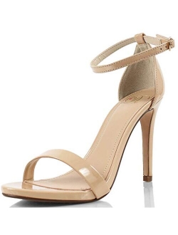 Delicious Jaiden Women Patent Leatherette Open Toe Ankle Strap Stiletto Sandal Pump - Dark Beige