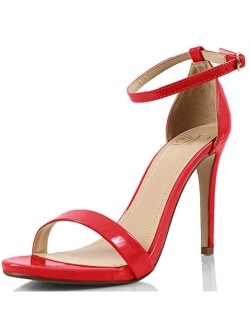 Delicious Jaiden Women Patent Leatherette Open Toe Ankle Strap Stiletto Sandal Pump - Dark Beige