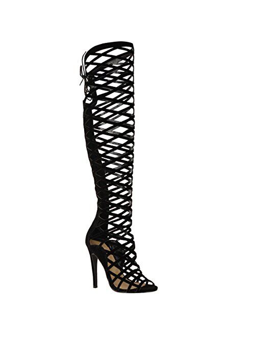 Fashion Thirsty Womens Cut Out Lace Knee High Heel Boots Gladiator Sandals Strappy Size