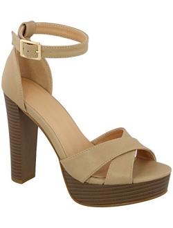 MVE Shoes Women's Open Toe High Heel Sandals - Ankle Strap Laser Deco Summer Heels - Sexy High Heel Wood Sandals