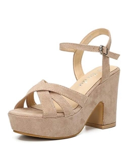 WSKEISP Women's Open Toe Ankle Strap Chunky Block Heels Platform Wedge Sandals