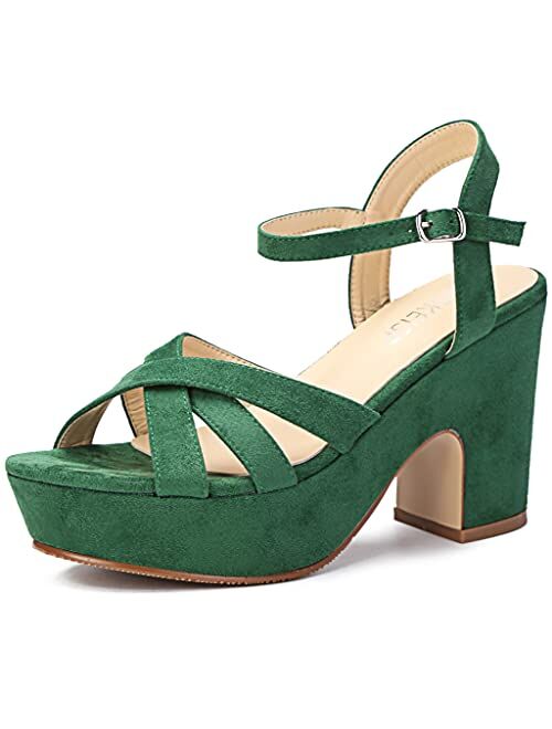 WSKEISP Women's Open Toe Ankle Strap Chunky Block Heels Platform Wedge Sandals