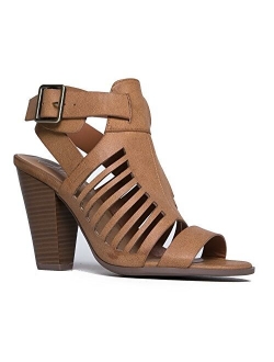 J. Adams Strappy Open Toe High Heel - Sexy Stacked Wood Sandal - Vegan Leather Cutout Shoe - Miko