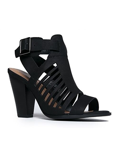 J. Adams Strappy Open Toe High Heel - Sexy Stacked Wood Sandal - Vegan Leather Cutout Shoe - Miko