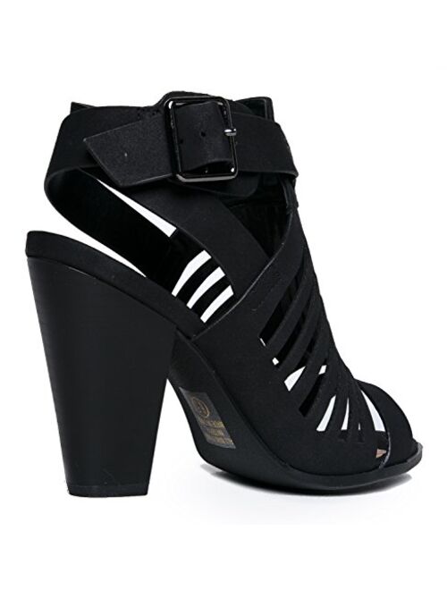 J. Adams Strappy Open Toe High Heel - Sexy Stacked Wood Sandal - Vegan Leather Cutout Shoe - Miko