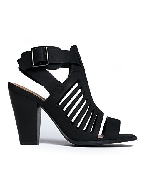 J. Adams Strappy Open Toe High Heel - Sexy Stacked Wood Sandal - Vegan Leather Cutout Shoe - Miko