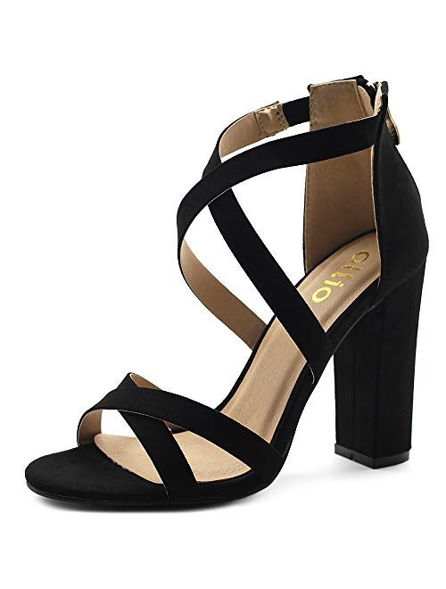 Ollio Women's Shoes Faux Suede or Faux Leather Ankle Toe Cross Strap Zip Up High Heels Pumps Sandals H98