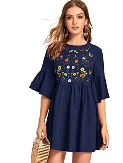 Women's Embroidered Floral Bell Sleeve A Line Tunic Dress