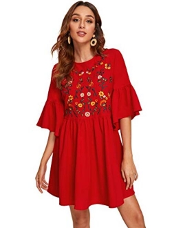 Women's Embroidered Floral Bell Sleeve A Line Tunic Dress