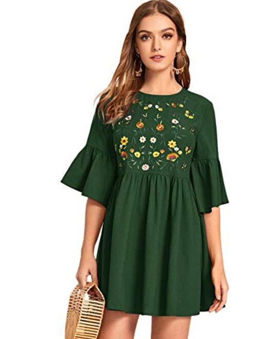 Floerns Women's Embroidered Floral Bell Sleeve A Line Tunic Dress