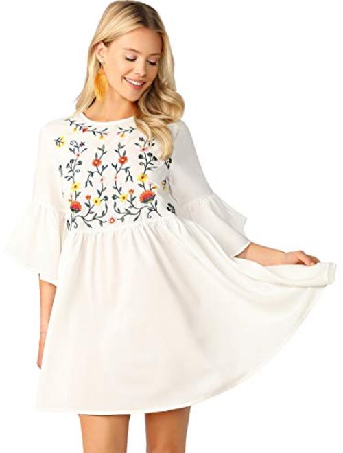 Floerns Women's Embroidered Floral Bell Sleeve A Line Tunic Dress