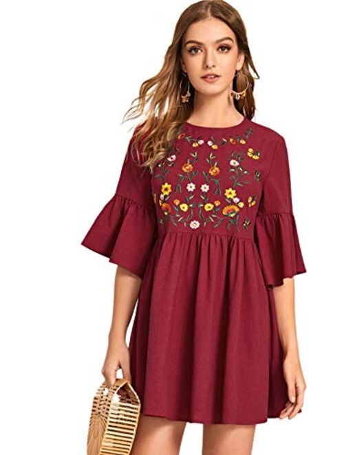 Floerns Women's Embroidered Floral Bell Sleeve A Line Tunic Dress