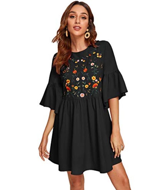 Floerns Women's Embroidered Floral Bell Sleeve A Line Tunic Dress