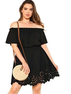 Women's Plus Size Off The Shoulder Hollowed Out Scallop Hem Party Short Dresses