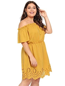 Women's Plus Size Off The Shoulder Hollowed Out Scallop Hem Party Short Dresses