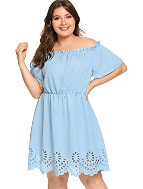 Romwe Women's Plus Size Off The Shoulder Hollowed Out Scallop Hem Party Short Dresses