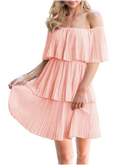 Soesdemo Women's Casual Off The Shoulder Sleeveless Tiered Ruffle Pleated Short Party Beach Dress