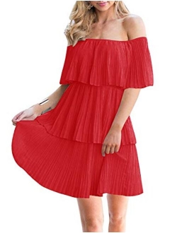 Soesdemo Women's Casual Off The Shoulder Sleeveless Tiered Ruffle Pleated Short Party Beach Dress