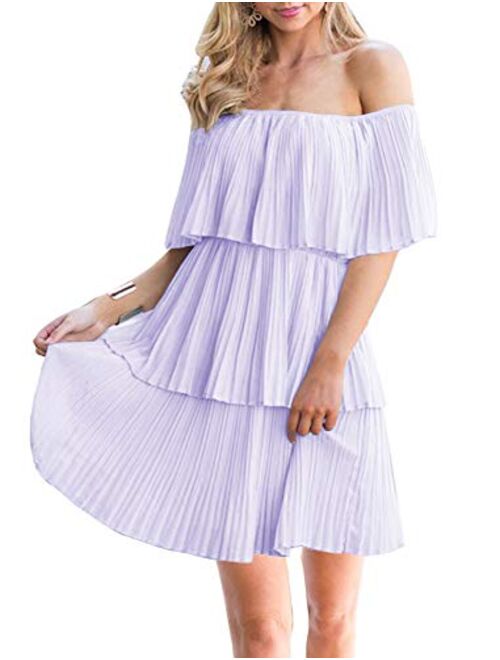 Soesdemo Women's Casual Off The Shoulder Sleeveless Tiered Ruffle Pleated Short Party Beach Dress