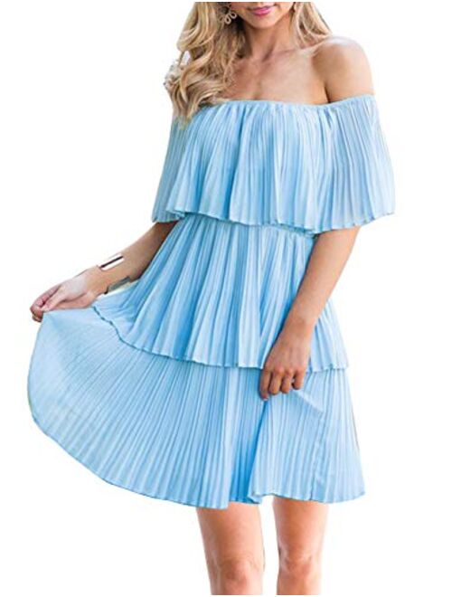 Soesdemo Women's Casual Off The Shoulder Sleeveless Tiered Ruffle Pleated Short Party Beach Dress