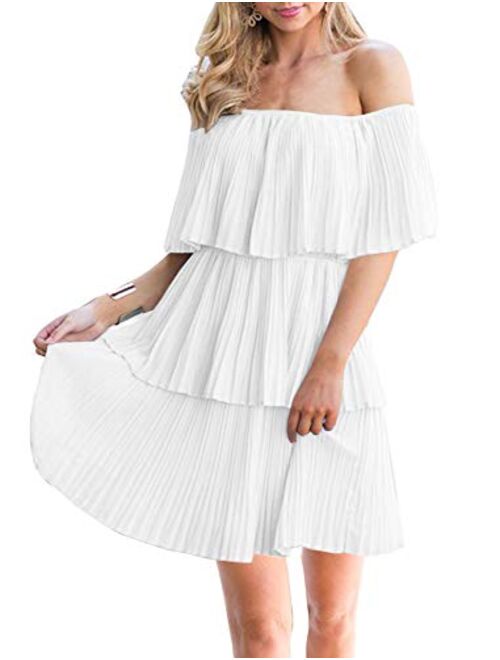 Soesdemo Women's Casual Off The Shoulder Sleeveless Tiered Ruffle Pleated Short Party Beach Dress