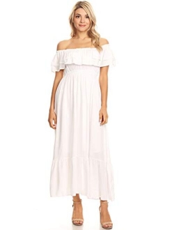 Anna-Kaci Womens Boho Peasant Ruffle Stretchy Short Sleeve Long Dress