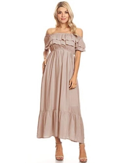 Anna-Kaci Womens Boho Peasant Ruffle Stretchy Short Sleeve Long Dress