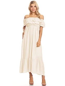 Anna-Kaci Womens Boho Peasant Ruffle Stretchy Short Sleeve Long Dress