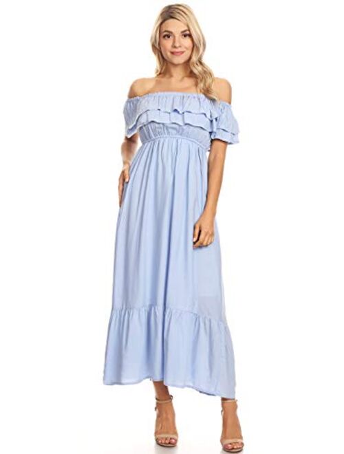 Anna Kaci Anna-Kaci Womens Boho Peasant Ruffle Stretchy Short Sleeve Long Dress