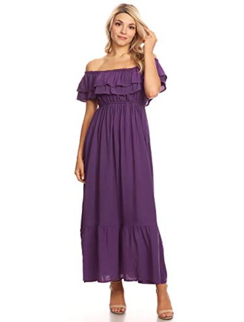 Anna Kaci Anna-Kaci Womens Boho Peasant Ruffle Stretchy Short Sleeve Long Dress