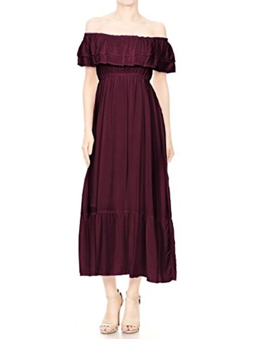 Anna Kaci Anna-Kaci Womens Boho Peasant Ruffle Stretchy Short Sleeve Long Dress