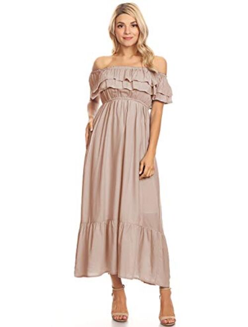 Anna Kaci Anna-Kaci Womens Boho Peasant Ruffle Stretchy Short Sleeve Long Dress