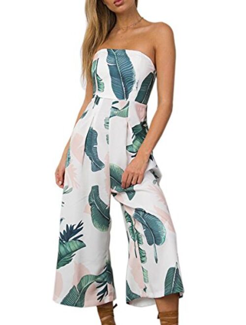 ECOWISH Womens Jumpsuits Floral Print Off Shoulder Romper Casual Strapless Wide Leg Pants Jumpsuit