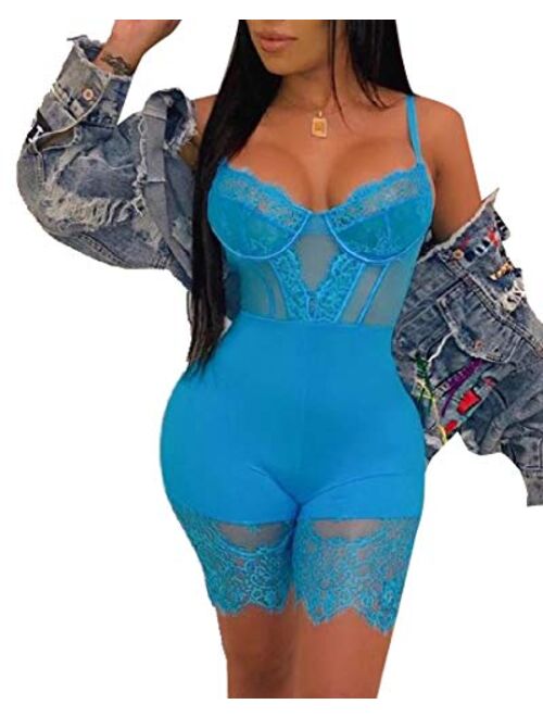 GAGA Women Push Up Lace Short Jumpsuits Spaghetti Strap Bodysuits Rompers