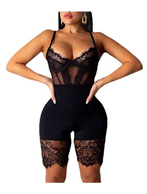 GAGA Women Push Up Lace Short Jumpsuits Spaghetti Strap Bodysuits Rompers