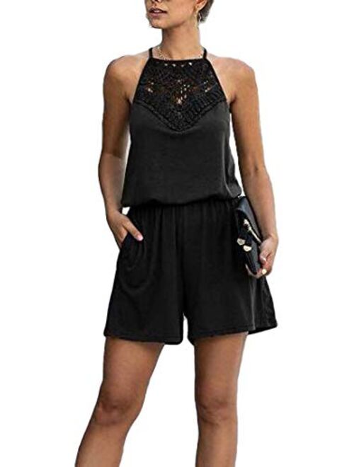 Hurrg Women High Waist Halter Lace Patchwork Sleeveless Short Rompers