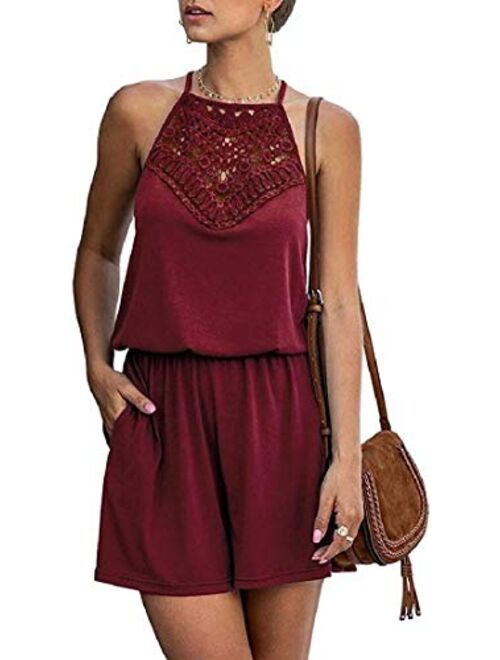 Hurrg Women High Waist Halter Lace Patchwork Sleeveless Short Rompers