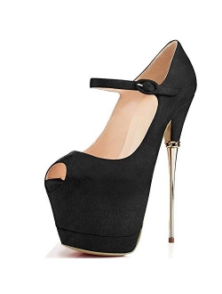 YDN Women Peep Toe Sky High Heels Platform Pumps Ankle Straps Shoes Metal Stilettos