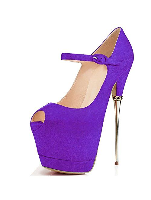 YDN Women Peep Toe Sky High Heels Platform Pumps Ankle Straps Shoes Metal Stilettos